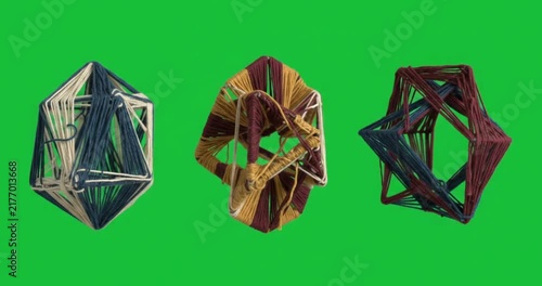 3D abstract thread wrapped geometric polyhedra shapes on green screen background