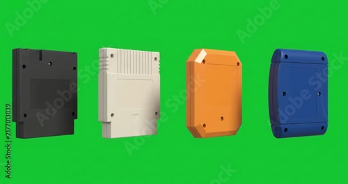 3D colorful retro video game cartridges on green screen background