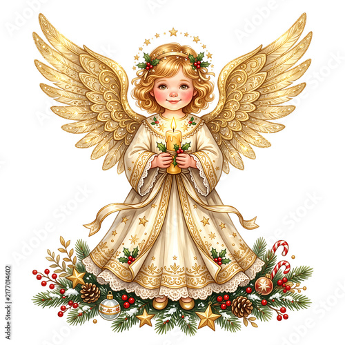Vintage Christmas angel with golden wings holding a candle isolated on white background