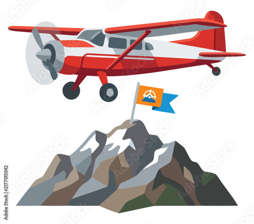 Red and white small propeller airplane flying over a snowcapped mountain peak with a flag, travel and exploration concept