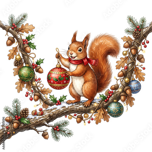 Cute squirrel with Christmas ornament on a festive winter branch isolated on white