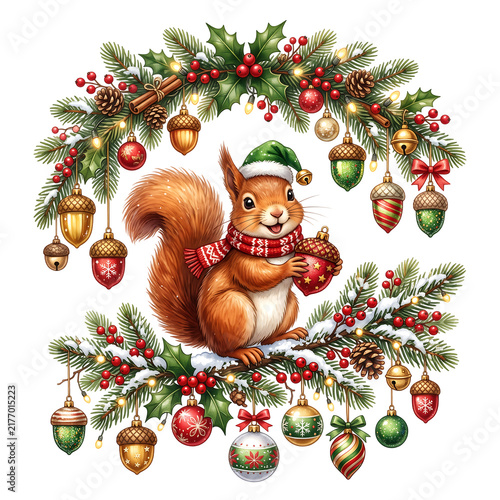 Cute squirrel with acorn and Christmas ornaments on a festive fir branch isolated on white