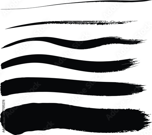 Diverse collection of black grunge brushes paint strokes and artistic elements for digital and traditional art applications