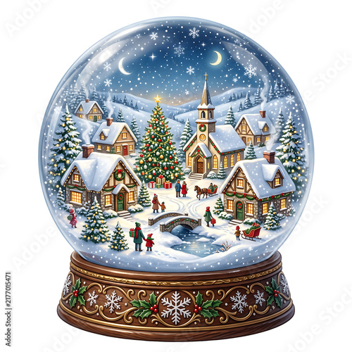 Christmas snow globe with a festive village scene and decorated pine tree isolated on white
