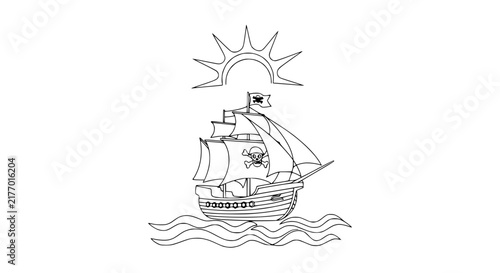 Bild auf Leinwand Pirate Ship Sailing on Waves Under Sun, Jolly Roger Flag, Outline Art
