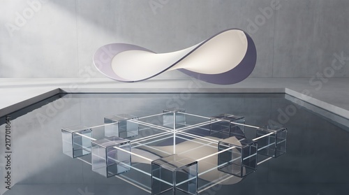 Futuristic Minimalist 3D Render of Abstract Architecture with Glass Cubes Network over Reflective Water Surface