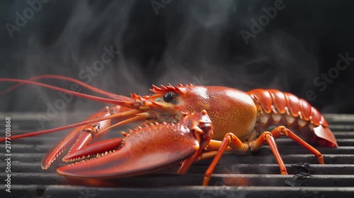 4K shot of a steamed lobster resting on a smoky grill. Gentle steam clouds drift up