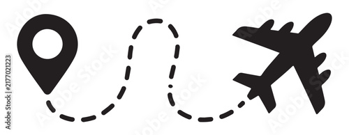 Fotografía Map pin pointer with dashed route line leading to a black passenger plane silhouette vector graphic