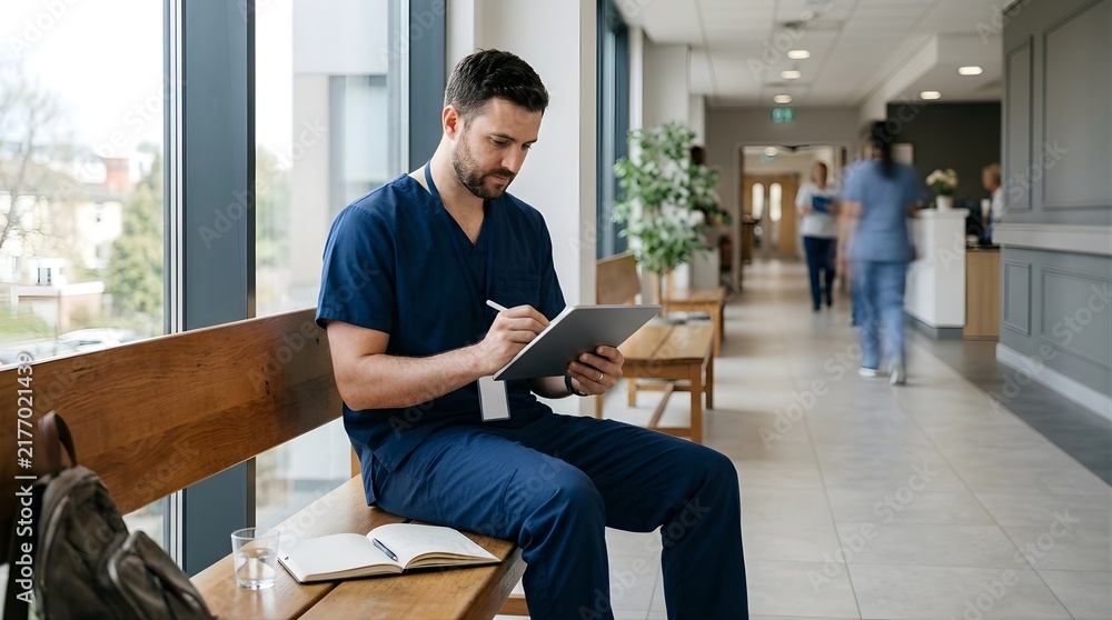 Fototapeta premium Male doctor using digital tablet while sitting on bench in hospital hall