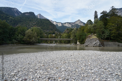 Confluence of the Vorder and Hinterrhein, the birthplace of the Rhine River near the village Reichenau, Switzerland.