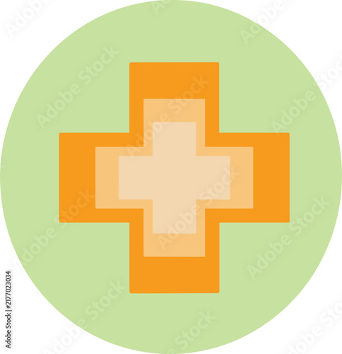 Orange medical cross symbol with a green and orange layered cross design inside a circular gray background. Simple geometric healthcare icon representing medicine, first aid, hospital, emergency 