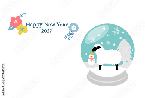 Vector illustration of a landscape-format New Year's greeting card featuring a snow globe containing a sheep.
