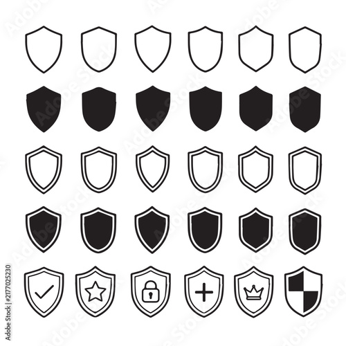 Security Shield Icons and Silhouettes Set. Line art and solid black protection crests with checkmark, star, lock, and crown symbols on white background.