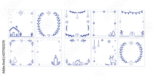 Scandinavian Christmas border collection with evergreen branches, snowflakes, ornaments, bells, trees, gifts and festive decorations.