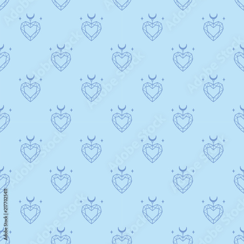 Blue Crystal Heart Magic Seamless Pattern. Geometric faceted diamond heart pendant with crescent moon repeat pattern on light blue background.