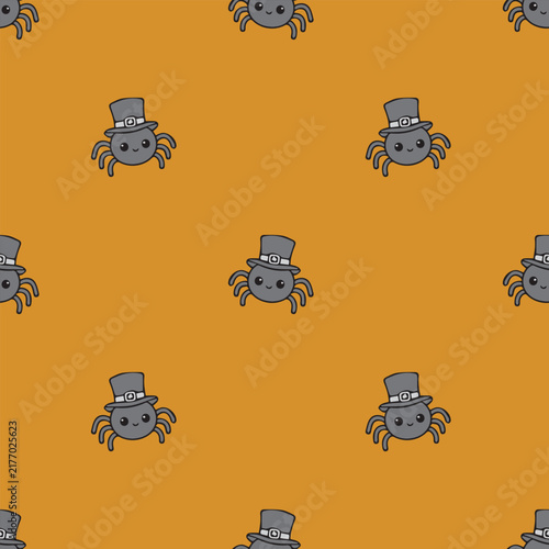 Cute Spider in Top Hat Halloween Seamless Pattern. Friendly black spiders wearing hats repeat pattern on mustard yellow background for festive kids decor.