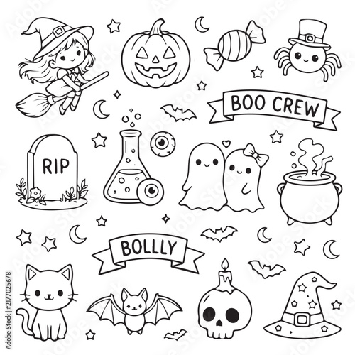 Cute Halloween Doodle Elements Set. Hand drawn black and white line art clipart featuring witch on broom, pumpkin, ghost, bat, cat, skull, and potion on white background.