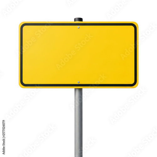 Yellow rectangular road sign on metal pole