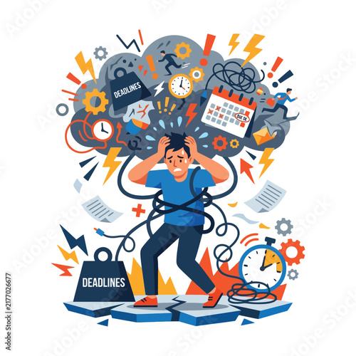 Stressed person feeling overwhelming pressure from heavy workload and tight schedules while juggling multiple tasks under intense mental fatigue within a busy corporate office environment during