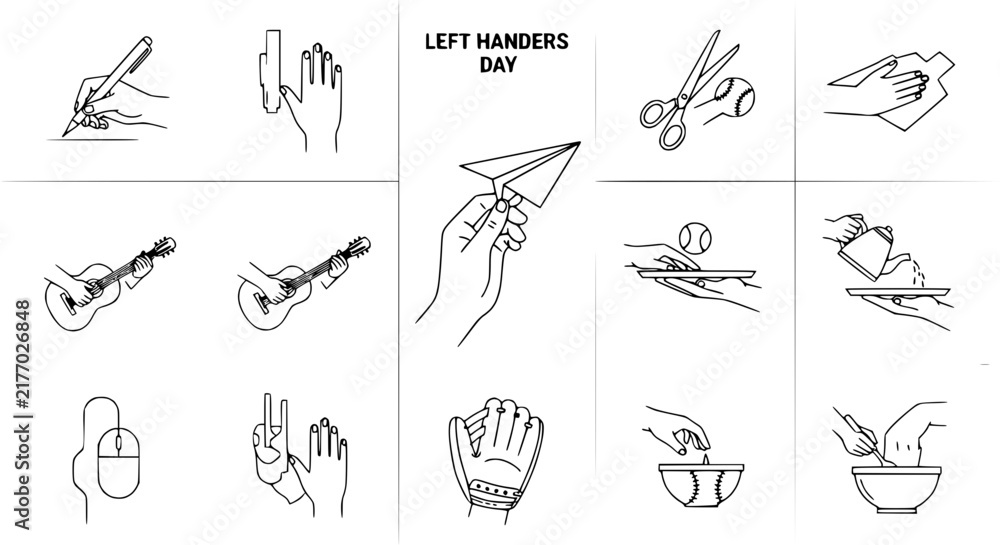 Fototapeta premium Left Handers Day Icons: Writing, Guitar, Scissors, Paper Plane, Baseball, Mouse