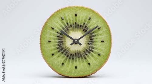 Creative concept of a kiwi fruit slice as a clock face isolated on white background. Time for healthy eating.