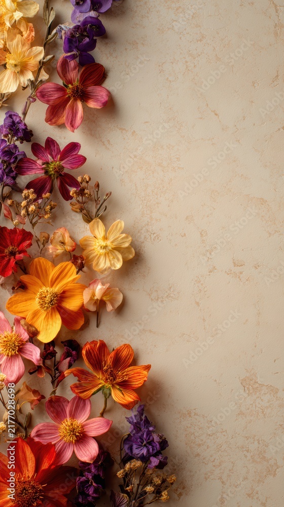 Obraz premium Fresh flower arrangement in a border design on a soft beige backdrop. Seasonal fall theme. Flat lay perspective with ample empty space