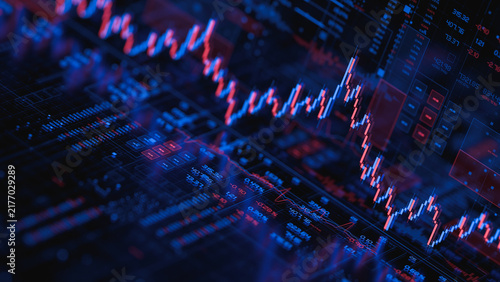 Stock forex financial data document graph chart report statistic marketing research development planning management analysis accounting. Financial business technology hologram concept. 3d rendering.