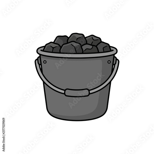 Gray bucket filled with black coal on white background.