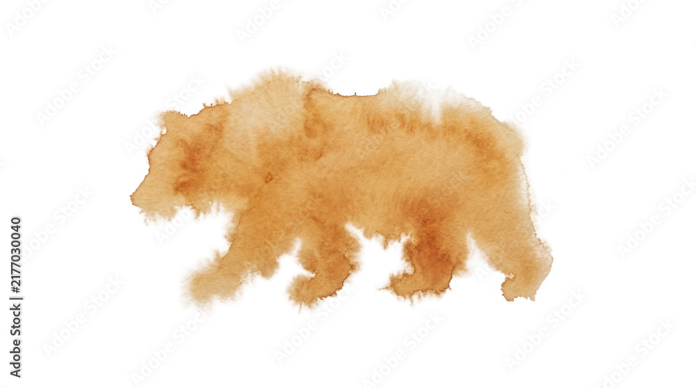Obraz premium 白背景に描かれた茶色の水彩画風のクマのイラスト。柔らかい筆致と滲みが特徴的で、自然で温かみのある質感が表現された、シンプルで洗練されたデザイン素材です。野生動物の力強さと芸術的な繊細さが融合した、ポスターやカード、ウェブデザインなどの様々なクリエイティブプロジェクトに最適なグラフィック要素です。