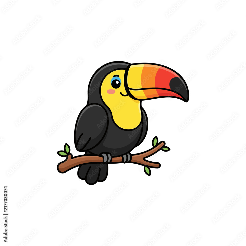 Obraz premium Colorful cartoon toucan perched on branch with cheerful expression.