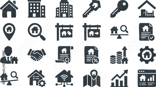 Real estate and home ownership flat icons set with house key and building silhouettes