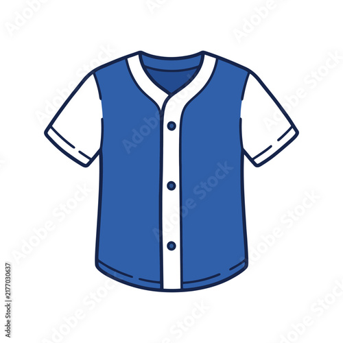 Blue and white baseball jersey with buttons and short sleeves on white background.