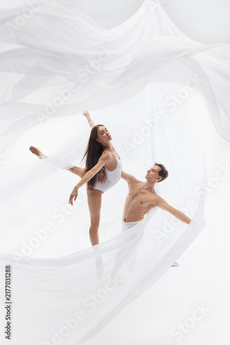 Obraz na płótnie Poised ballerina balances high extension beside kneeling male dancer. Concept of discipline, flexibility, supportive partnership, personal growth, and artistic excellence.