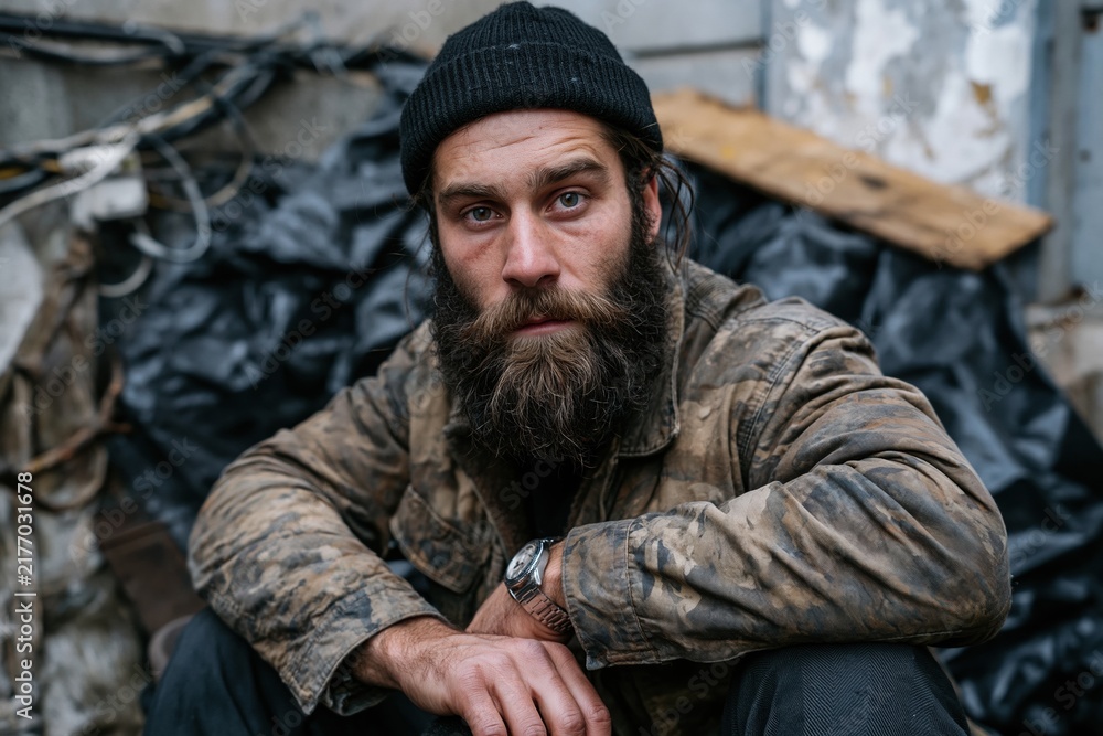 Fototapeta premium Bearded Man in Worn Jacket Outdoors
