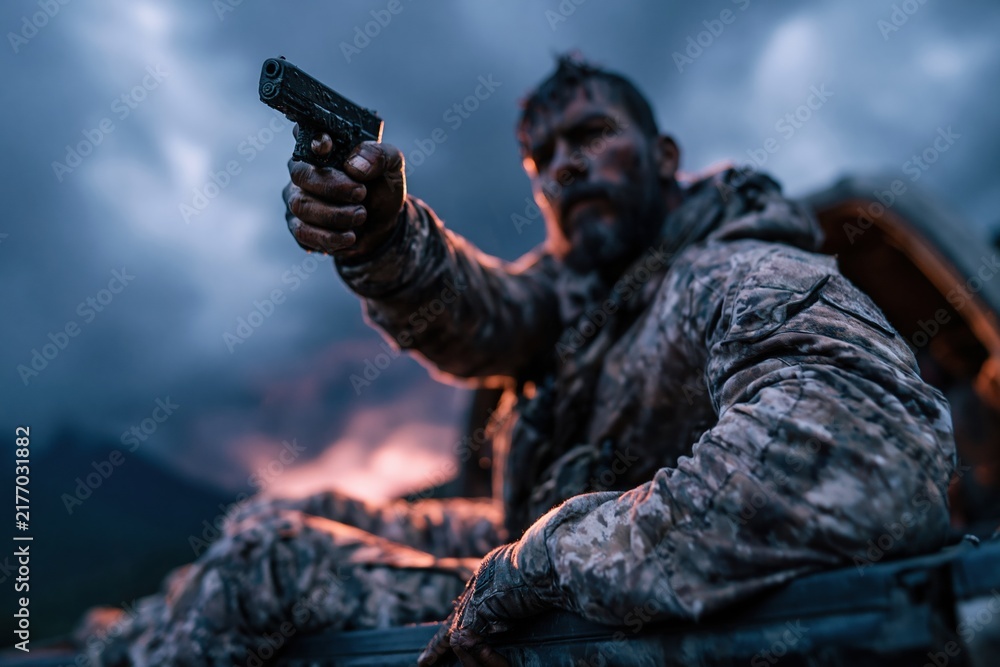 Obraz premium Armed Soldier Aiming Handgun in Combat Field
