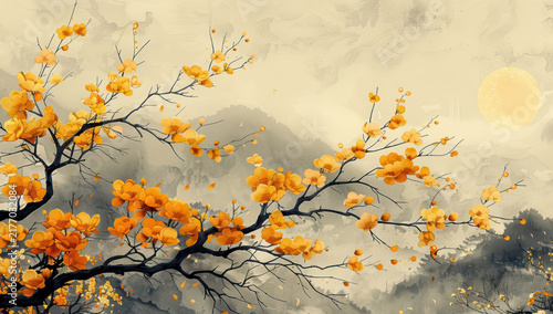 abstract illustration featuring delicate black branches adorned with golden-yellow leaves