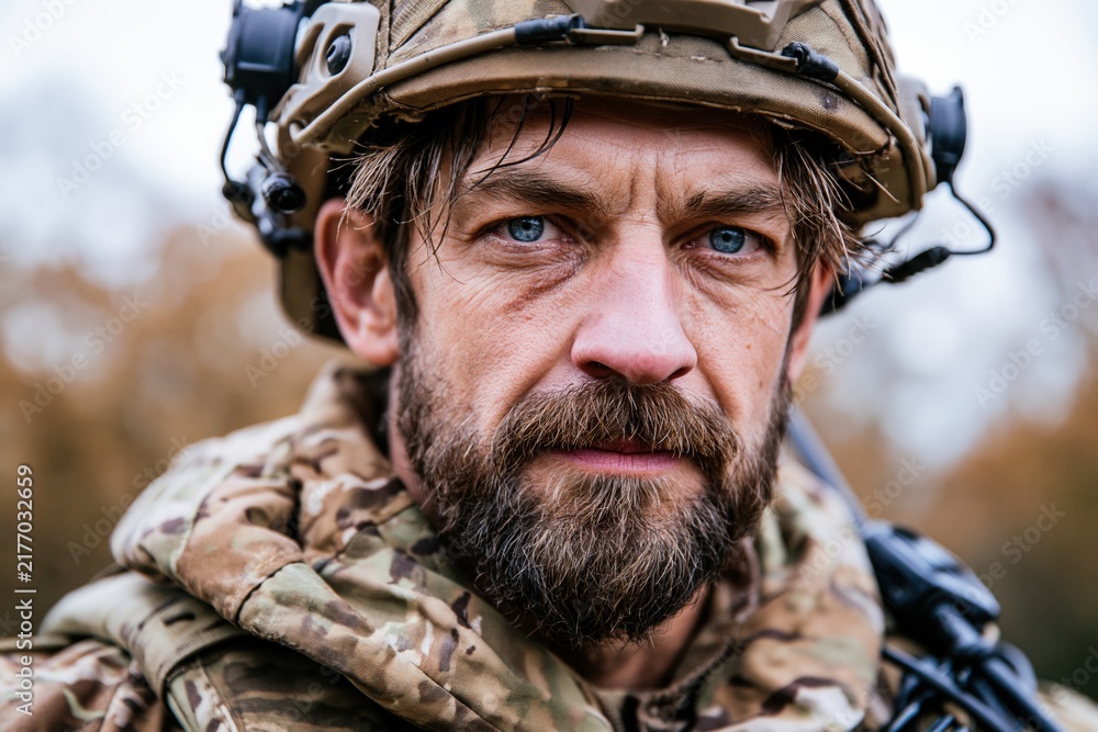 Obraz premium Soldier in Tactical Helmet Close Portrait