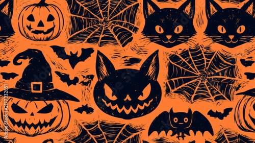 Halloween seamless pattern background with spooky seasonal icons, pumpkins, bats, ghosts, spider webs, skulls, and autumn elements, festive horror themed vector illustration for wrapping paper, fabric