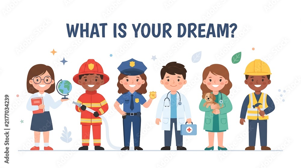 Fototapeta premium Childhood and dream concept with diverse kids dressed in professional career uniforms representing future aspirations