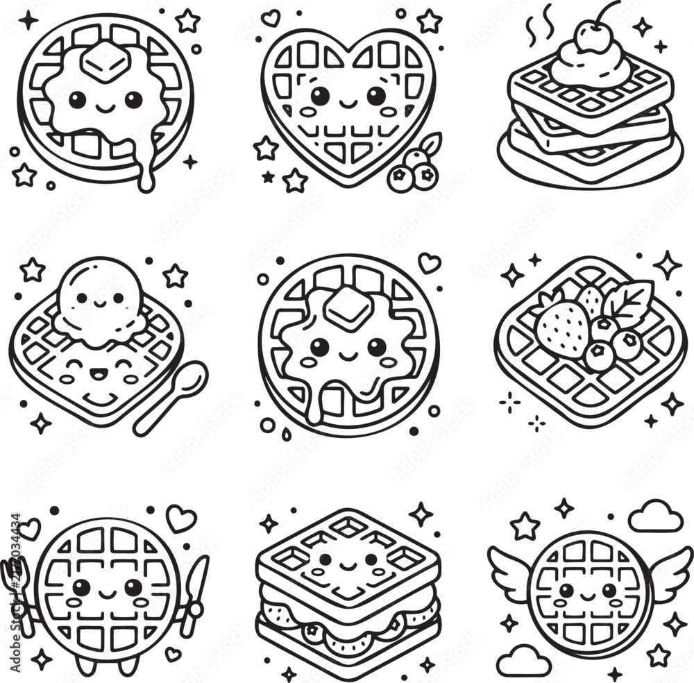 Fototapeta premium Cute Waffle Collection Nine Black White Flat Vector Icons Belgian Bubble Waffles Dessert Ice Cream Chocolate Cafe And