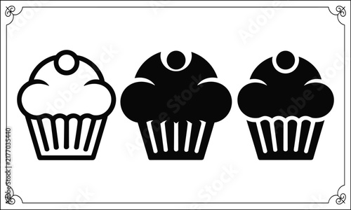 Cupcake icons presented in three styles for baking and dessert themed graphic designs.