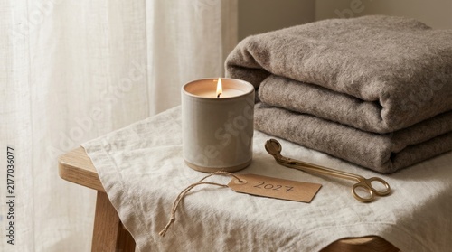 Minimalist Candle Burning Beside Folded Wool Blankets and Brass Snuffer