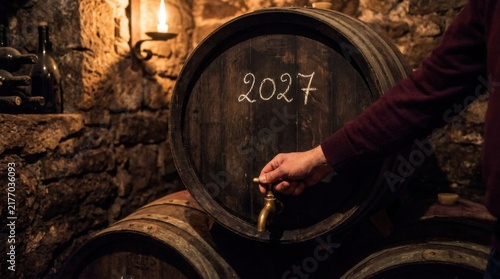 Cellar Master Pouring Sample from Oak Wine Barrel Stamped 2027 in Cellar