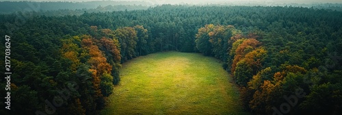 Aerial perspective of a vibrant autumn forest featuring a mix of green and dead treetops, impacted by bark beetle infestation
