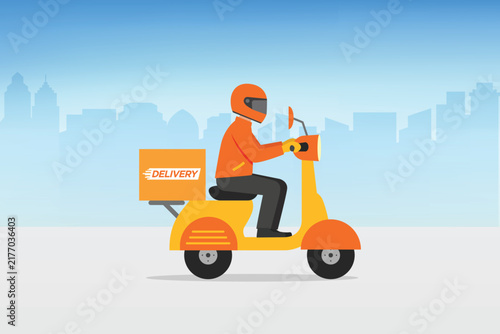 Delivery man riding an orange scooter with a delivery box against a city skyline background
