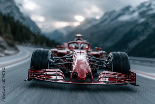 Red Race Car Speeding Through Mountains