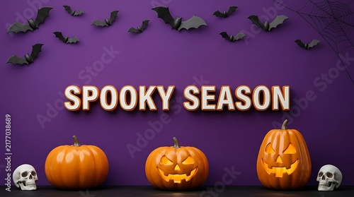 Spooky season text with carved pumpkins and bats on a dark purple background for halloween celebration design