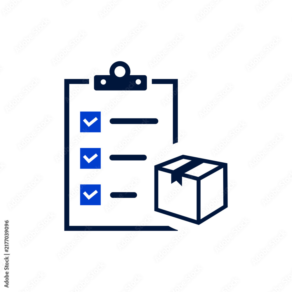 Fototapeta premium Clipboard checklist icon with cardboard box isolated on white background, inventory control and delivery order verification symbol