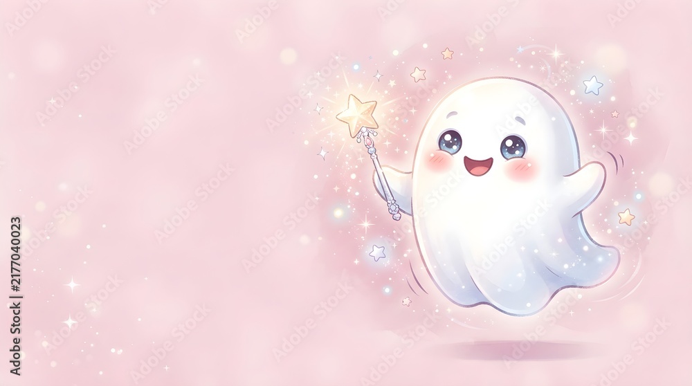 Obraz premium Cute Ghost Sparkly Wand Magic Halloween Cartoon