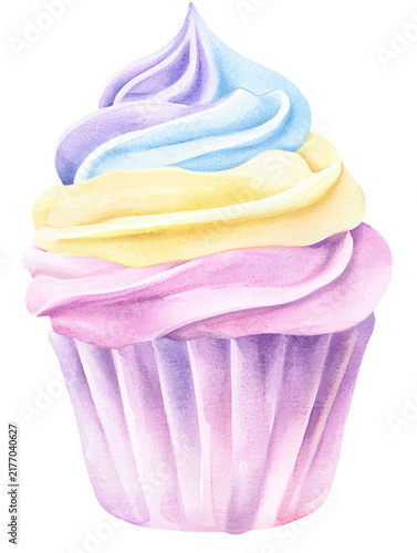 Cute watercolor cupcake with pastel frosting on alpha background